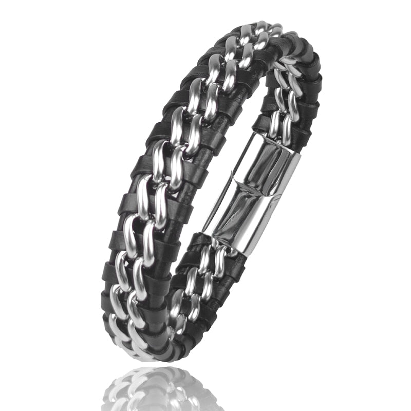 Genuine Leather Chain Bracelet - Magnetic Stainless Steel Clasp in Plated Gold