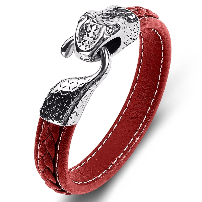 Black Leather Stainless Steel Snake Bracelet