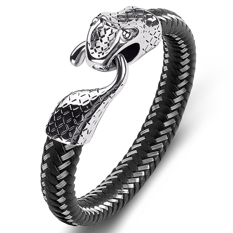 Black Leather Stainless Steel Snake Bracelet