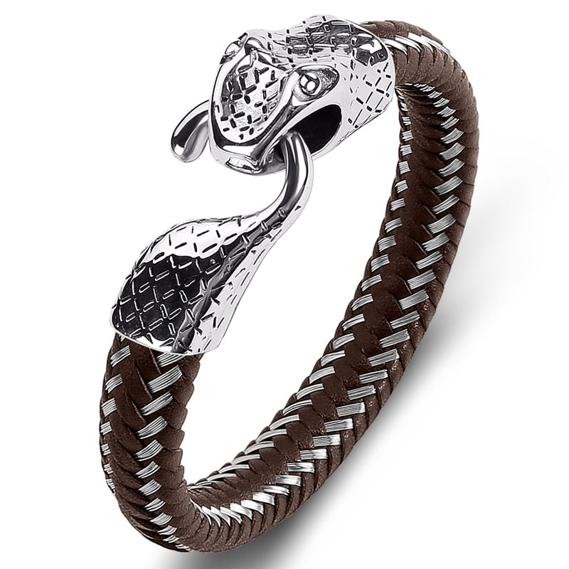 Black Leather Stainless Steel Snake Bracelet