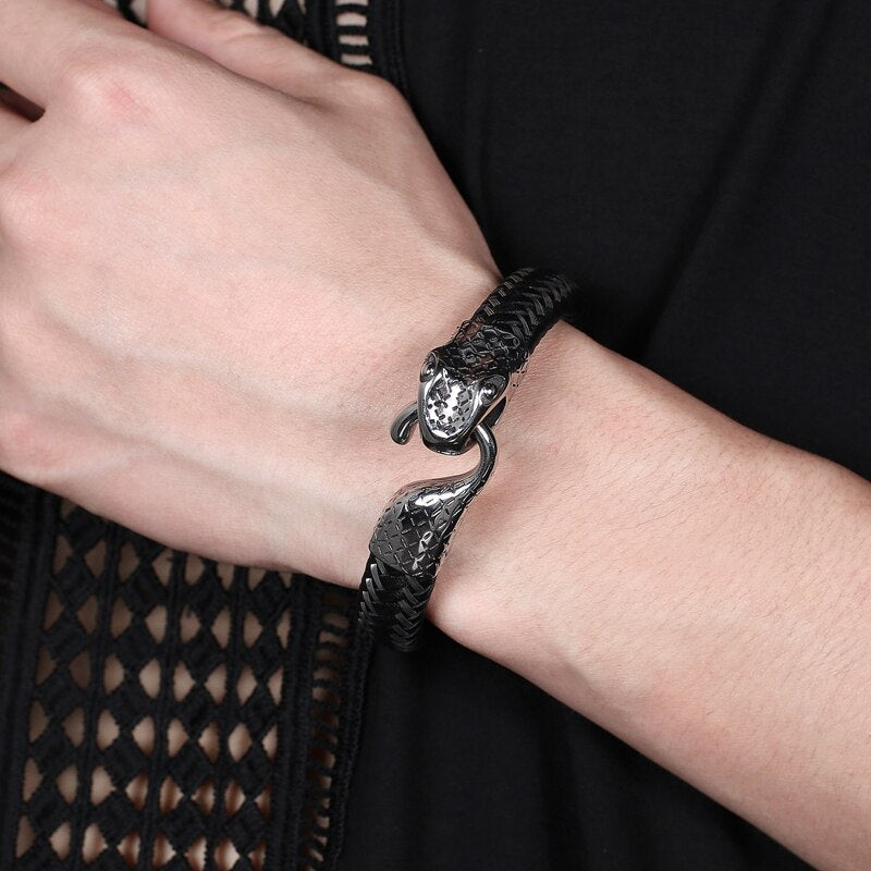 Black Leather Stainless Steel Snake Bracelet