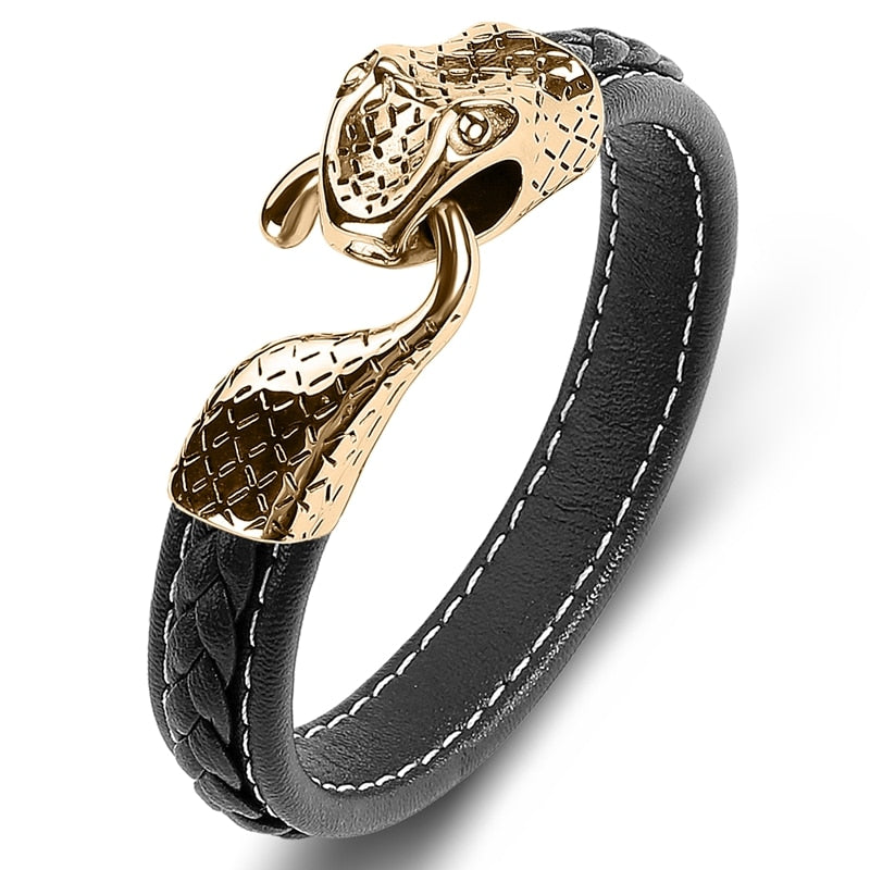 Black Leather Stainless Steel Snake Bracelet