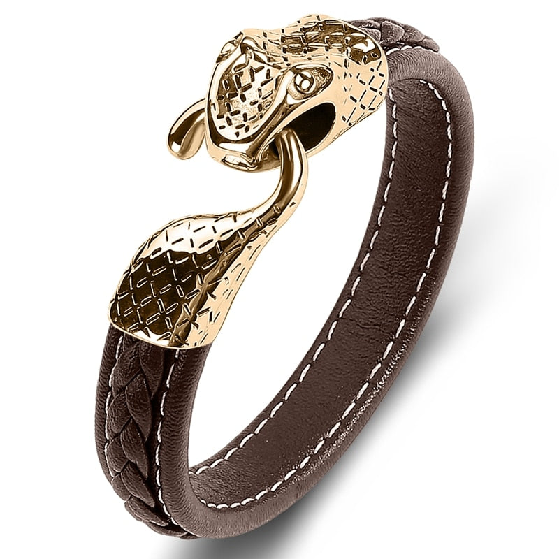 Black Leather Stainless Steel Snake Bracelet