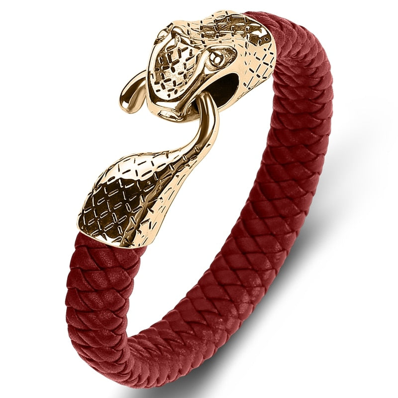 Black Leather Stainless Steel Snake Bracelet
