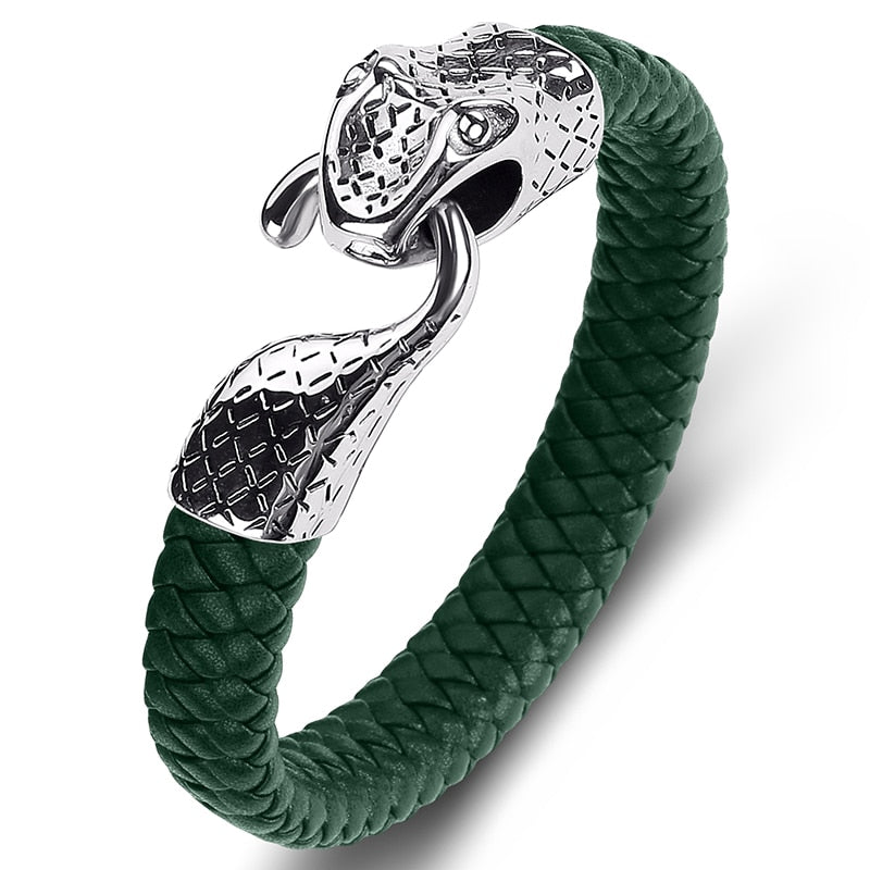 Black Leather Stainless Steel Snake Bracelet