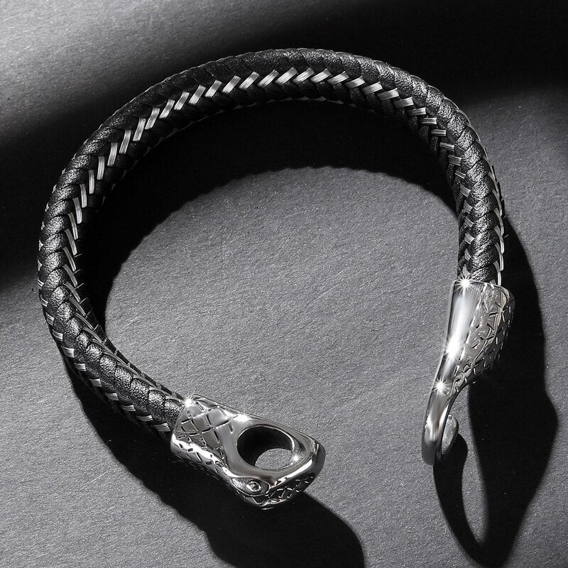 Black Leather Stainless Steel Snake Bracelet