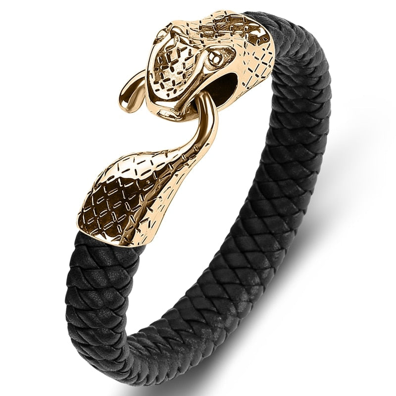 Black Leather Stainless Steel Snake Bracelet