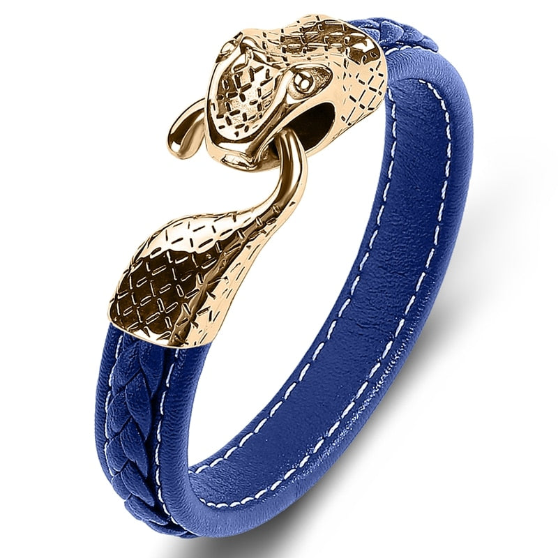 Black Leather Stainless Steel Snake Bracelet