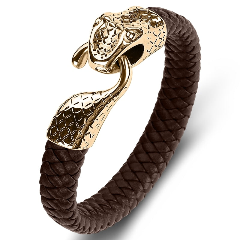 Black Leather Stainless Steel Snake Bracelet