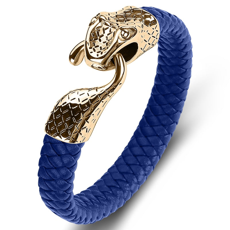 Black Leather Stainless Steel Snake Bracelet