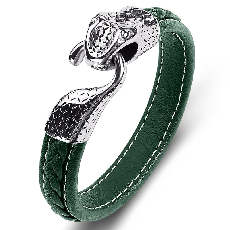 Black Leather Stainless Steel Snake Bracelet