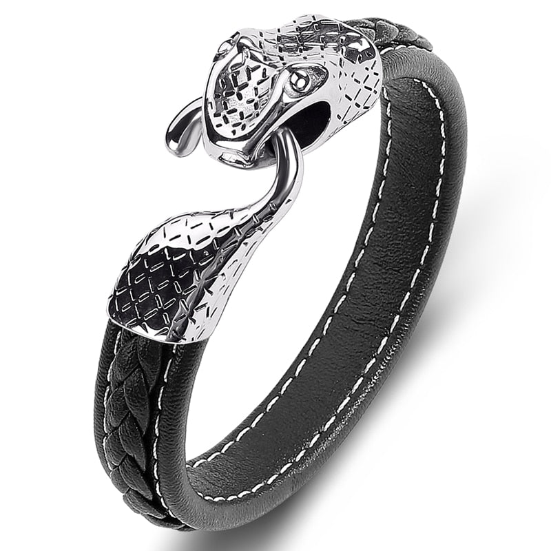 Black Leather Stainless Steel Snake Bracelet