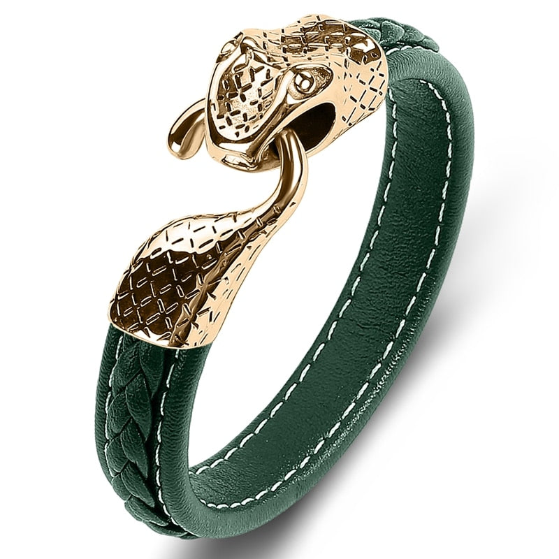 Black Leather Stainless Steel Snake Bracelet