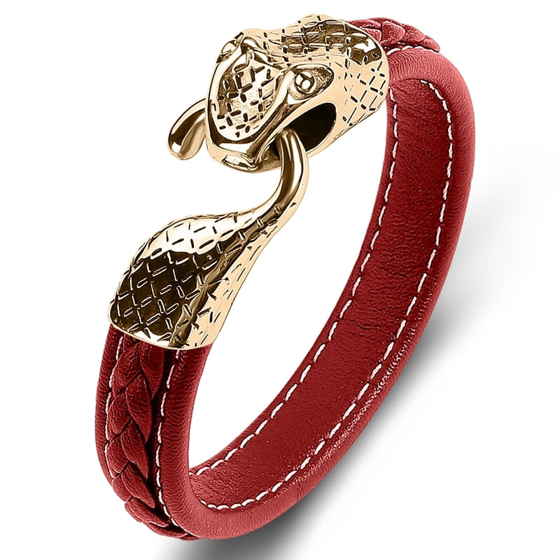 Black Leather Stainless Steel Snake Bracelet
