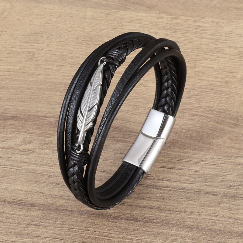 Classic Leather Braided Magnetic Metal Buckle Bracelet