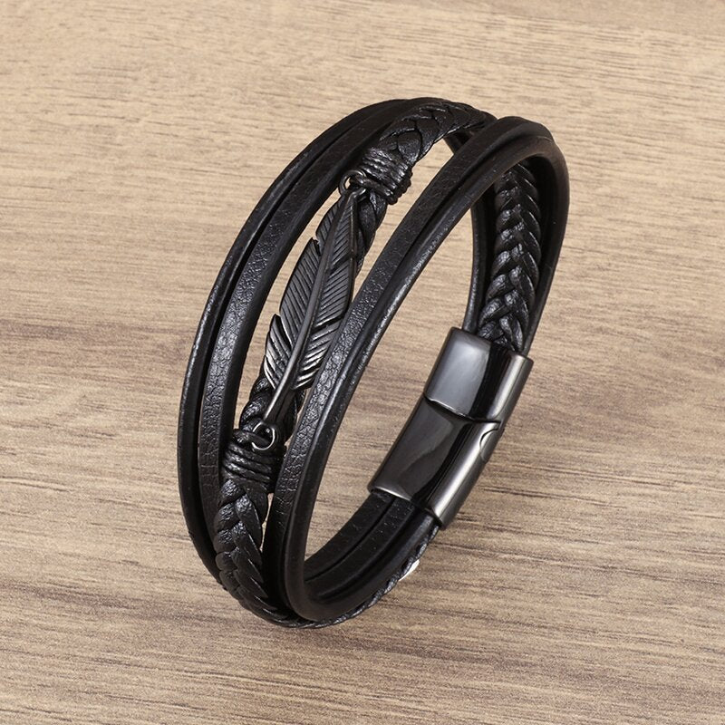 Classic Leather Braided Magnetic Metal Buckle Bracelet