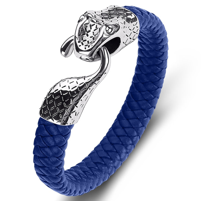 Black Leather Stainless Steel Snake Bracelet