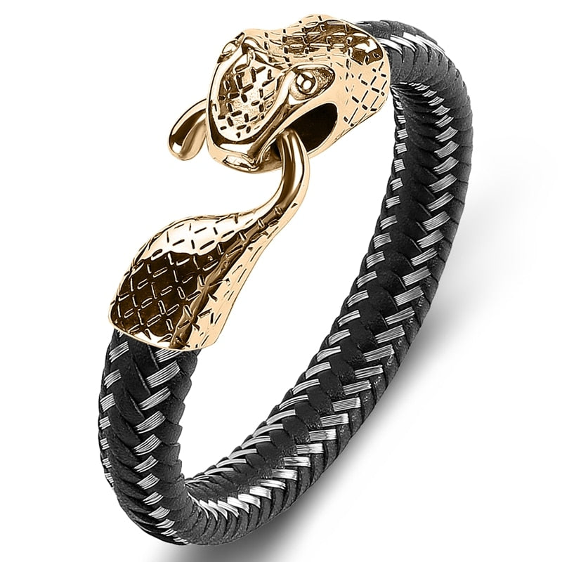 Black Leather Stainless Steel Snake Bracelet