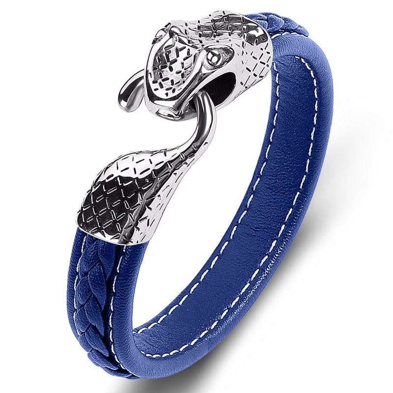 Black Leather Stainless Steel Snake Bracelet