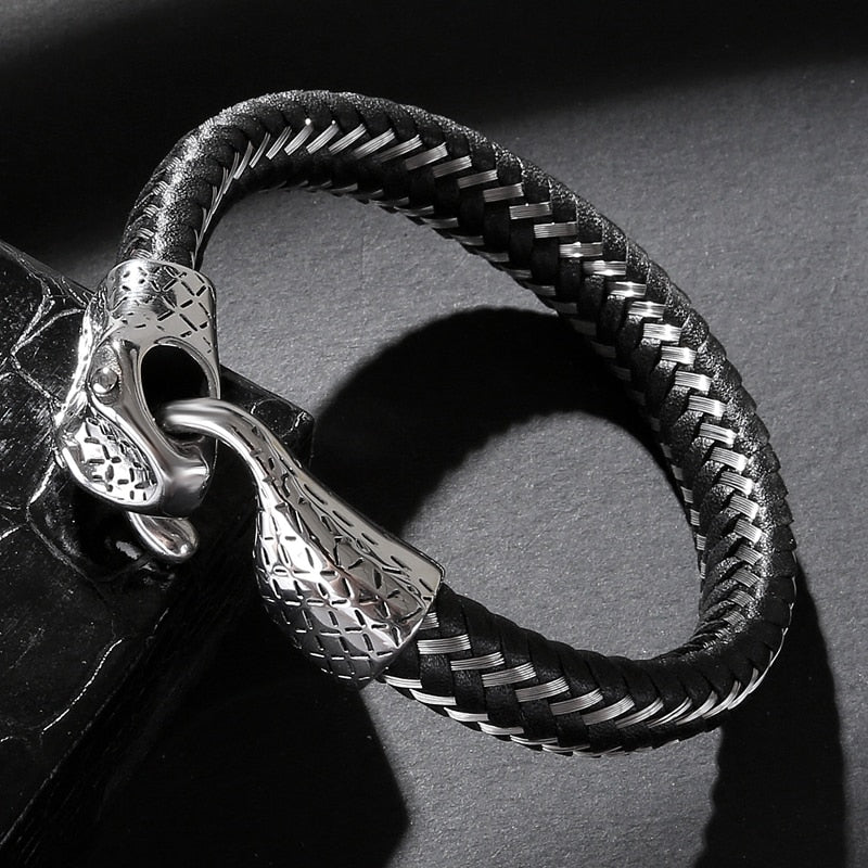 Black Leather Stainless Steel Snake Bracelet