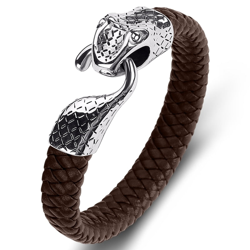 Black Leather Stainless Steel Snake Bracelet