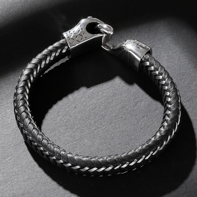 Black Leather Stainless Steel Snake Bracelet