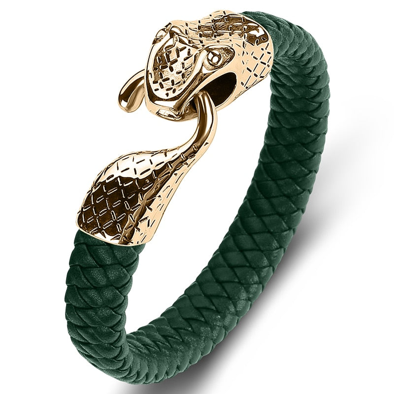 Black Leather Stainless Steel Snake Bracelet