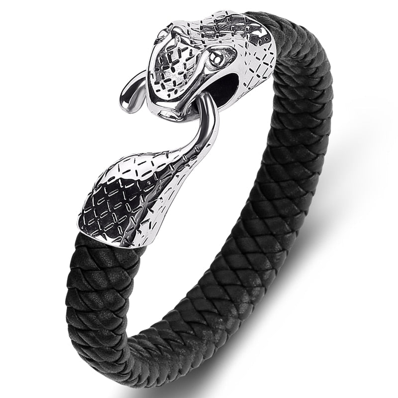 Black Leather Stainless Steel Snake Bracelet