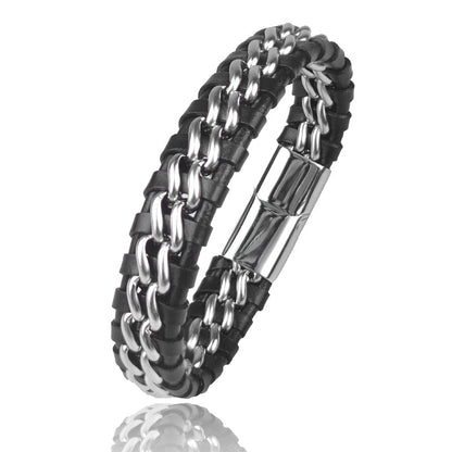 Genuine Leather Chain Bracelet - Magnetic Stainless Steel Clasp in Plated Gold