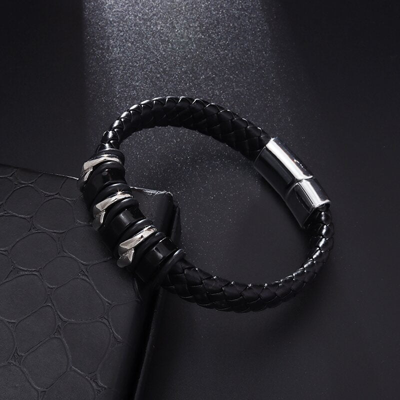 Classic Leather Braided Magnetic Metal Buckle Bracelet