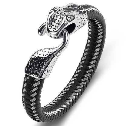 Black Leather Stainless Steel Snake Bracelet