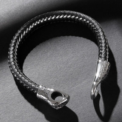 Black Leather Stainless Steel Snake Bracelet
