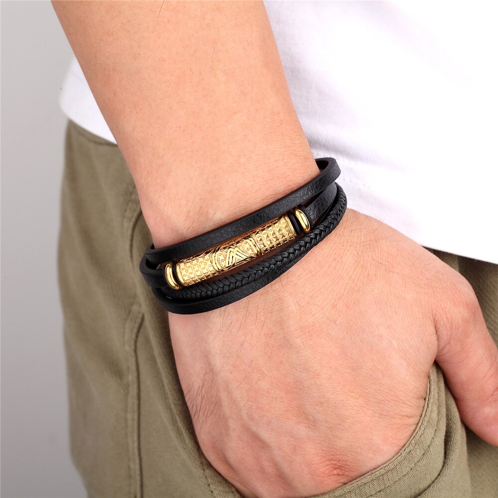 Bracelet Leather Braided Rope - Charm Stainless Steel