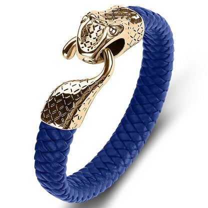Black Leather Stainless Steel Snake Bracelet