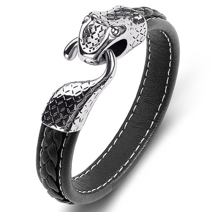 Black Leather Stainless Steel Snake Bracelet