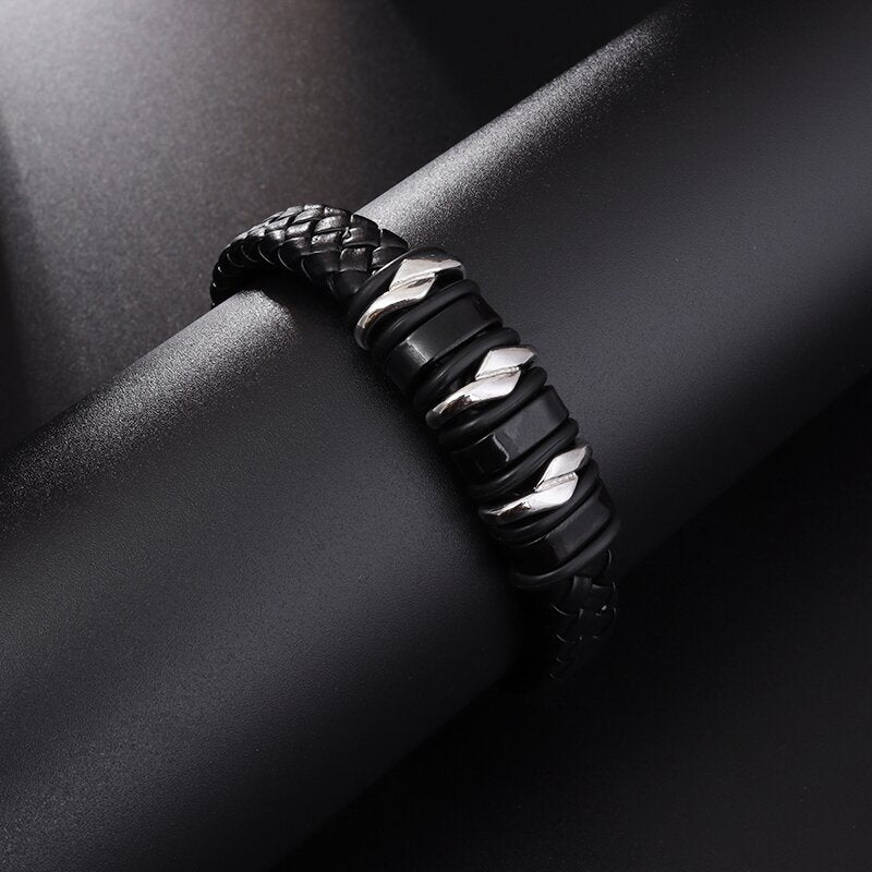 Classic Leather Braided Magnetic Metal Buckle Bracelet