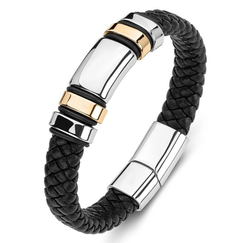 Classic Leather Braided Magnetic Metal Buckle Bracelet