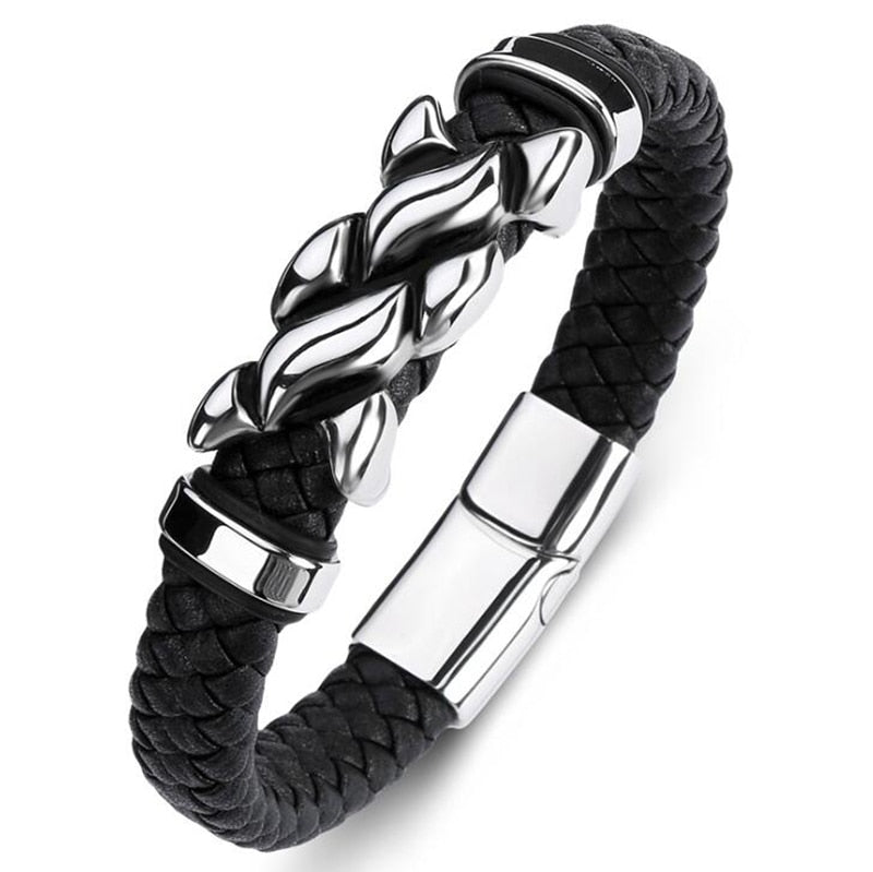 Classic Leather Braided Magnetic Metal Buckle Bracelet