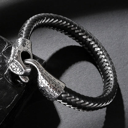 Black Leather Stainless Steel Snake Bracelet