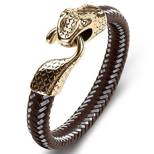 Black Leather Stainless Steel Snake Bracelet
