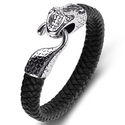 Black Leather Stainless Steel Snake Bracelet